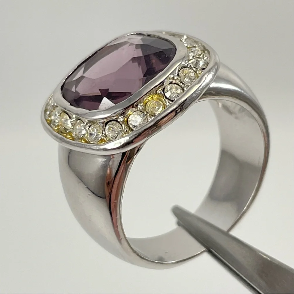 Bold Chunky Statement Ring Silver Ton Purple Cushion Cut Glass Halo Sz 7.5
